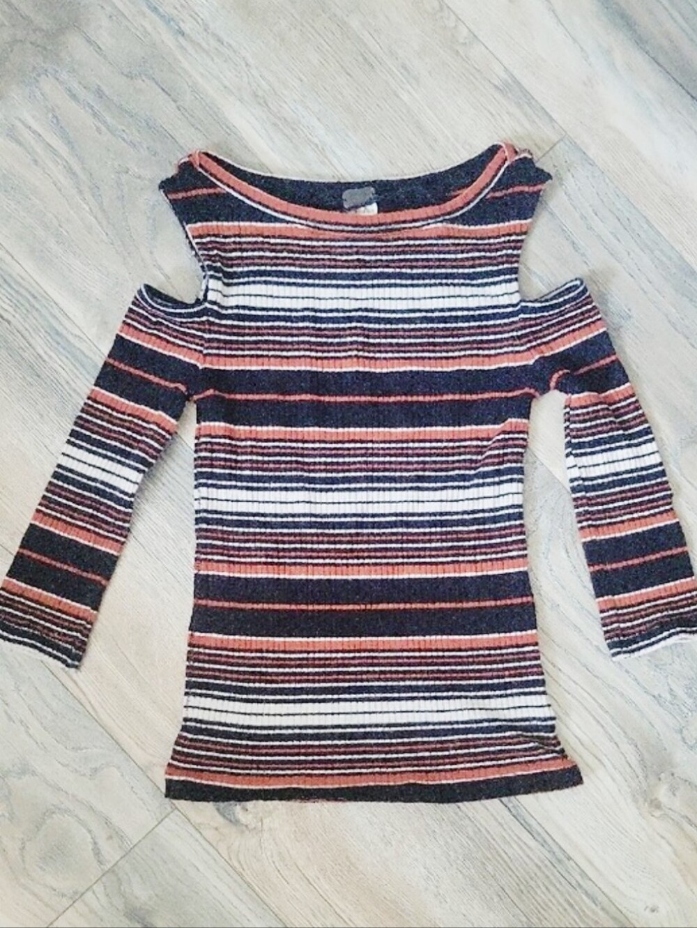 We The Free Striped Off-Shoulder Sweater in Black, Rust and Cream